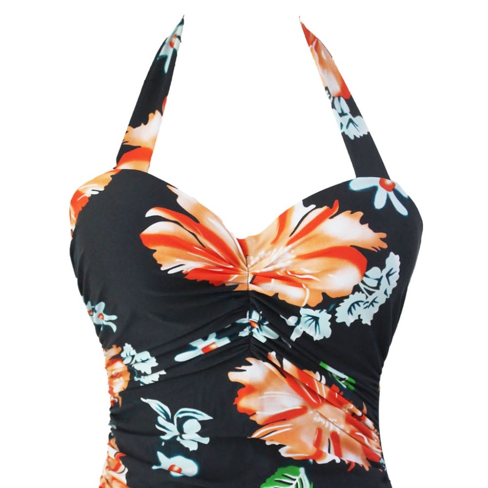 8643 Floral Print Black Retro One Piece Swimsuit